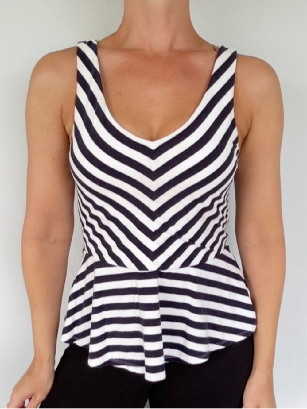 Express navy blue and white stripe sleeveless v-neck peplum top size small